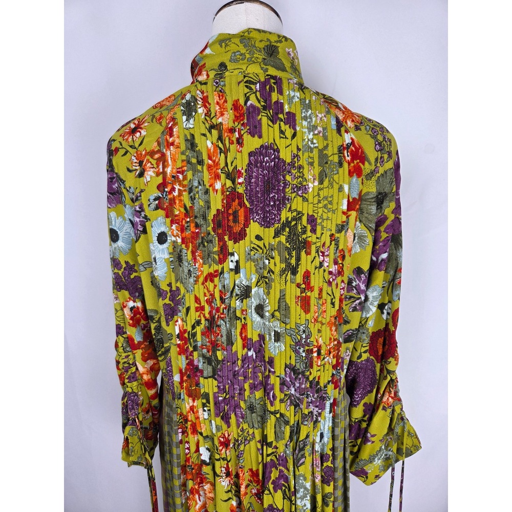 John Mark Maxi Dress Medium Green Floral Gingham Pintuck Button Front Boho Flowy - Picture 5 of 13